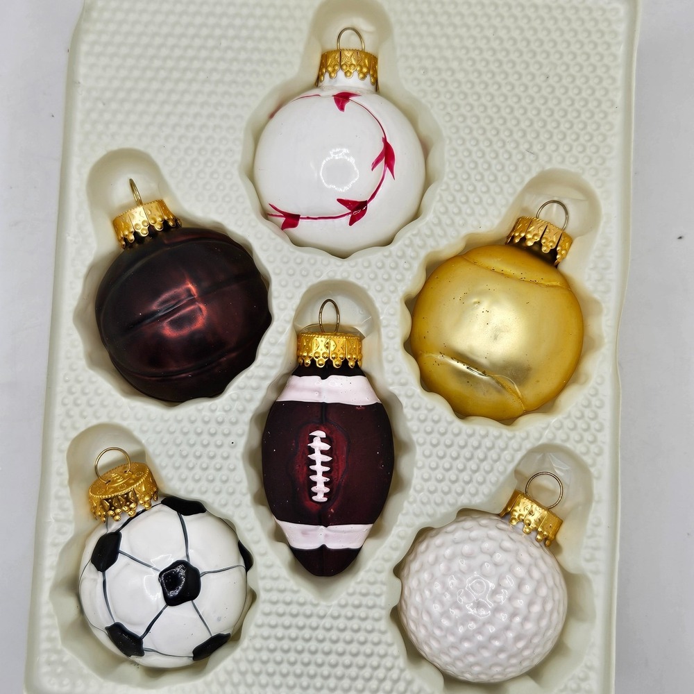 Vintage Glass Sports Ball Christmas‎ Ornaments Set of 6 Football Soccer Golf